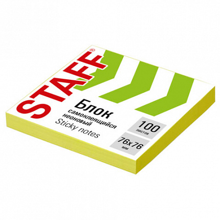 Блок самоклеящийся (стикеры), STAFF НЕОНОВЫЙ, 76х76 мм, 100 листов, желтый, 12хххх, 115584