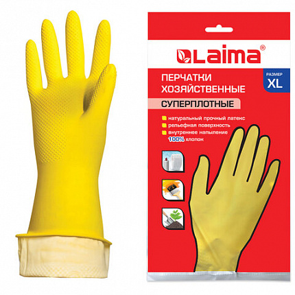 Перчатки МНОГОРАЗОВЫЕ латексные LAIMA "ПРЕМИУМ", х/б напыление, СВЕРХПЛОТНЫЕ, размер 9-10, XL (очень большой), желтые, вес 70 г, 600781