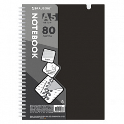Тетрадь обложка пластик, А5 80 л., гребень мягкий, вырубка для ручки, клетка, BRAUBERG, черный, 405376