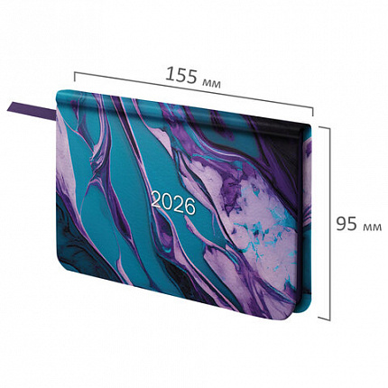 Еженедельник датированный 2026 МАЛЫЙ ФОРМАТ 95х155 мм, А6, BRAUBERG "Vista", под кожу, "Мрамор", 117202