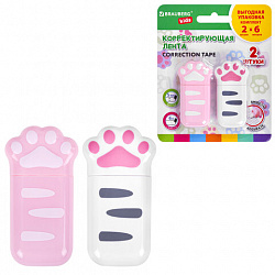 Корректирующая лента BRAUBERG KIDS "ЛАПКИ", 5 мм х 6 м, ВЫГОДНАЯ УПАКОВКА 2 штуки в блистере, 272498