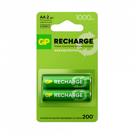 Батарейки аккумуляторные GP ReCharge Ni-Mh пальчиковые КОМПЛЕКТ 2 шт., АА (HR6) 1000 mAh, 100AAHCV, 100AAHCV-2CRSB