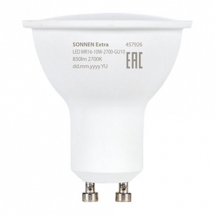 Лампа светодиодная SONNEN EXTRA, 10 (90) Вт, GU10, теплый белый, 30000 ч, LED MR16-GU10-10W-2700, 457926