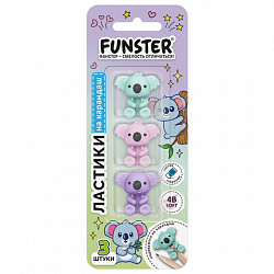 Ластик-топпер для карандаша FUNSTER (ФАНСТЕР) "КОАЛЫ", НАБОР 3 штуки, пастельные цвета ассорти, блистер, 274013