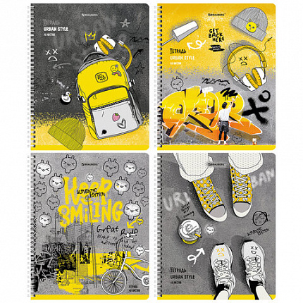 Тетрадь А5 48 л. BRAUBERG, гребень, клетка, обложка картон, "Urban Style" (4 вида в спайке), 404338