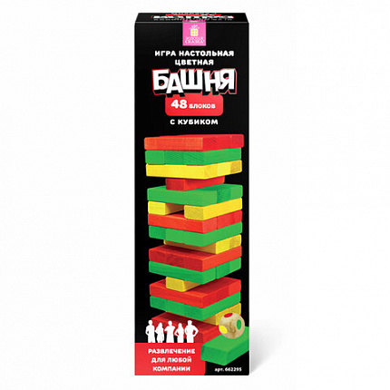 Игра настольная "ЦВЕТНАЯ БАШНЯ", 48 окрашенных деревянных блоков + кубик, ЗОЛОТАЯ СКАЗКА, 662295