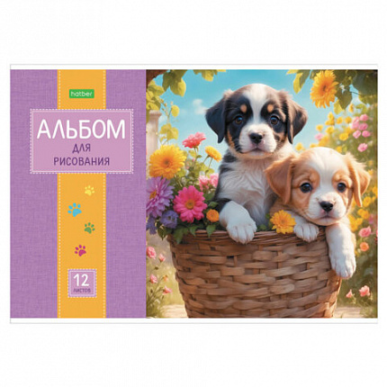 Альбом для рисования А4 12 л., скоба, обложка офсет, HATBER ECO, 205х290 мм, "Пушистые мордочки" (5 видов), 091561, 12А4C
