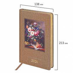 Ежедневник датированный 2026 А5 138х213 мм, BRAUBERG "ArtGallery", под кожу, нашивка, бежевый, 117404