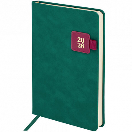 Ежедневник датированный 2026 А5 138х213 мм, BRAUBERG "Accent", под кожу, держатель, зеленый/бордо, 117387