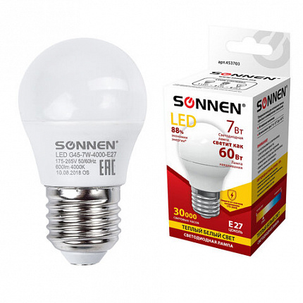 Лампа светодиодная SONNEN, 7 (60) Вт, цоколь E27, шар, теплый белый свет, 30000 ч, LED G45-7W-2700-E27, 453703