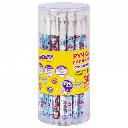 Ручка стираемая гелевая ЮНЛАНДИЯ "Совята", СИНЯЯ, корпус ассорти, узел 0,5 мм, линия письма 0,35 мм, 143658