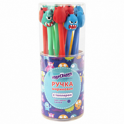 Ручка с топпером шариковая ЮНЛАНДИЯ "Монстрик", корпус ассорти, СИНЯЯ, пишущий узел 0,7 мм, 143798