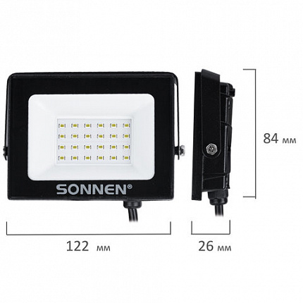 Прожектор светодиодный 20 Вт, 6500 К, 1600 Лм, 20 м2, IP65, 122x84x26 мм, черный, SONNEN, 238412