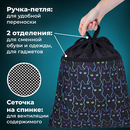 Мешок для обуви BRAUBERG БОЛЬШОЙ, с ручкой, карман на молнии, сетка, 49х41 см, "Неоновые коты", 271059