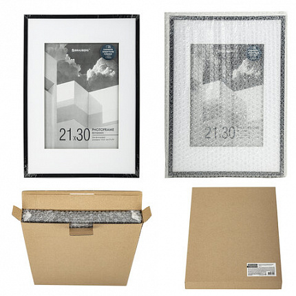 Рамка 21х30 см с паспарту 15х21 см небьющаяся, багет 5 мм, пластик, BRAUBERG "Smart", черная, 391280