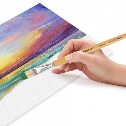 Кисть ПИФАГОР, ЩЕТИНА, плоская, № 12, деревянная лакированная ручка, пакет с подвесом, 200875