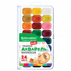 Краски акварельные BRAUBERG "KIDS NEW", медовые, 24 цвета, квадратные кюветы, пластиковый пенал, 192797