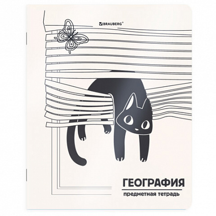 Тетрадь предметная КОТ-НЕПОСЕДА 48 л., пластиковая обложка, ГЕОГРАФИЯ, клетка, подсказ, BRAUBERG, 405531