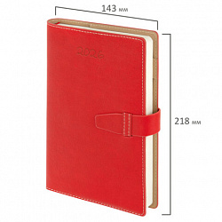 Ежедневник датированный 2026, А5, 143х218 мм, BRAUBERG "Journal", под кожу, застежка, держатель для ручки, органайзер, красный, 117380