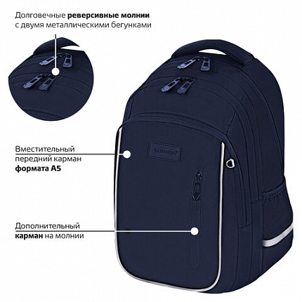 Рюкзак BRAUBERG INTENT, 2 отделения, 4 кармана, "Темно-синий", 39х27х14 см, 273113