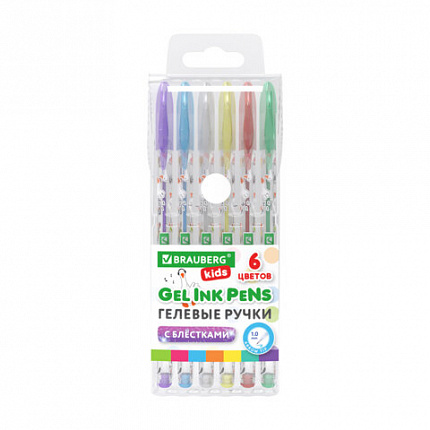 Ручки гелевые С БЛЕСТКАМИ BRAUBERG KIDS "CUTE ANIMALS", НАБОР 6 ЦВЕТОВ, корпус с печатью, узел 1 мм, линия письма 0,7 мм, 144443