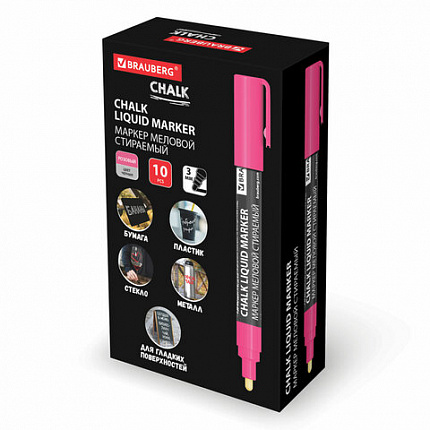 Маркер меловой CHALK LIQUID MARKER, РОЗОВЫЙ, 3 мм, стираемый, BRAUBERG "CHALK", 152586
