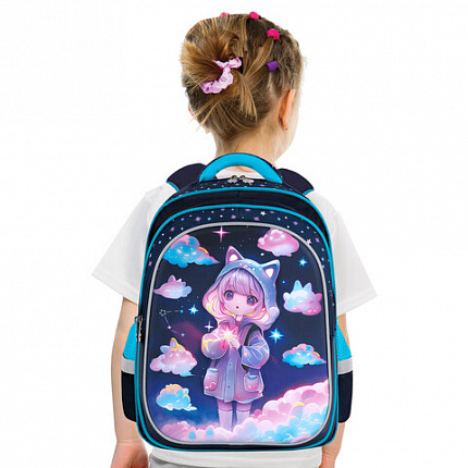 Рюкзак BRAUBERG KIDS FLOSSY, 2 отделения, 3 кармана, "Девочка в облаках", объемный дизайн, 40х28х18 см, 273179