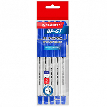Ручки шариковые BRAUBERG "BP-GT", НАБОР 5 ШТУК, СИНИЕ, пишущий узел 0,7 мм, линия письма 0,35мм, 144509