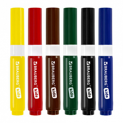 Фломастеры суперсмываемые толстые для малышей BRAUBERG KIDS, 6 цветов, ПВХ-упаковка, 152604