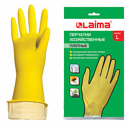 Перчатки МНОГОРАЗОВЫЕ латексные LAIMA "ЛЮКС", хлопчатобумажное напыление, ПЛОТНЫЕ, размер 8-9, L (большой), желтые, вес 55 г, 600043