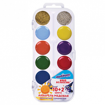Краски акварельные ЮНЛАНДИЯ "ЮНЫЙ ВОЛШЕБНИК", медовые, 10+2 цвета (золото+серебро), круглые кюветы, пластик, 192360