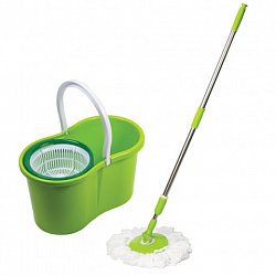 Швабра с отжимом и ведром 7л/5л, отжим центрифуга / рукоятка, 2 круглые насадки, крепление кольцо, зеленый, LAIMA 603624