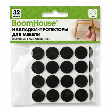 Накладки-протекторы для мебели ФЕТР самоклеящиеся, d=16 мм, черные, КОМПЛЕКТ 32 шт., BoomHouse, 701813