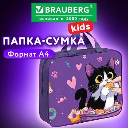 Папка на молнии с ручками BRAUBERG KIDS А4, 1 отделение, полиэстер, 80 мм, "Сладкоежка", 272120