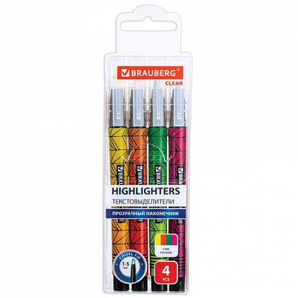 Набор текстовыделителей с прозрачным наконечником 4 ЦВЕТА, BRAUBERG "Clear", линия 1-5 мм, 152426