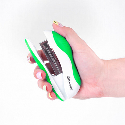 Степлер №10 BRAUBERG "JET", до 15 листов, эргономичный, бело-зеленый, 228580