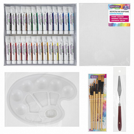 Краски акриловые художественные 26 шт. по 12 мл, холсты 3 шт., кисти 6 шт., аксессуары, 37 предметов, BRAUBERG HOBBY, 192544