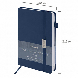 Ежедневник датированный 2026, А5, 138x213 мм, BRAUBERG "Control", под кожу, держатель для ручки, синий, 117121