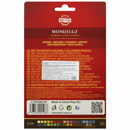 Карандаши цветные акварельные художественные KOH-I-NOOR "Mondeluz", 36 цветов, 3,8 мм, заточенные, европодвес, 3719036001KZRU