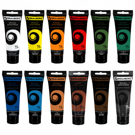 Краски акриловые художественные матовые 12 цветов в тубах по 75мл BRAUBERG ART "DEBUT", 192419