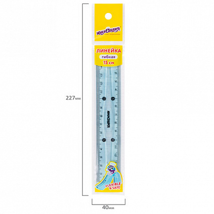 Линейка 15 см гибкая ЮНЛАНДИЯ "FLEX", пластиковая, тонированная, голубая, 210757