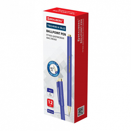 Ручка шариковая масляная BRAUBERG "Techno-X GLD", СИНЯЯ, корпус синий, золотистые детали, линия 0,5 мм, 144223