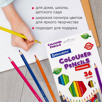 Карандаши цветные BRAUBERG PREMIUM, 36 цветов, шестигранные, грифель мягкий 3,3 мм, 181659