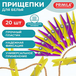 Прищепки бельевые 7 см, КОМПЛЕКТ 20 штук, пластик, ассорти, PRIMILA BASIC, 700514