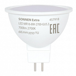 Лампа светодиодная SONNEN EXTRA, 8 (70) Вт, GU5.3, софит, теплый белый, 30000 ч, LED MR16-GU5.3-8W-2700, 457918