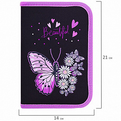 Пенал BRAUBERG с наполнением, 1 отделение, 1 откидная планка, 24 предмета, 21х14 см, "Flower butterfly", 271524