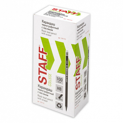 Карандаш чернографитный STAFF "College" BLP-712, 1 шт., НВ, с ластиком, пластик, корпус черный, 181712