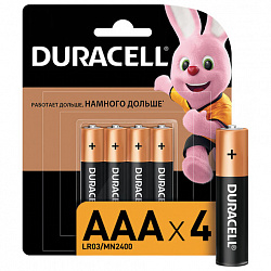 Батарейки КОМПЛЕКТ 4 шт., DURACELL Basic ОРИГИНАЛ, AAA (LR03, 24А), алкалиновые, мизинчиковые, MN 2400 AAA LR3