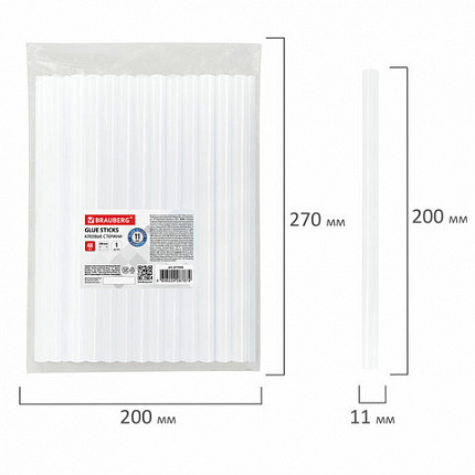 Клеевые стержни, диаметр 11 мм, длина 200 мм, прозрачные, 1 кг (48 штук) BRAUBERG, 671056