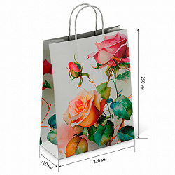 Крафт-пакет бумажный "Розы" 22х12х25 см, с кручеными ручками, плотность 100 г/м2, белый, 114164